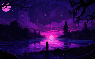 Violet clouds bank over a still lake as a girl watches the pink glow go down, star specks filling the sky's upper half in pixel-art style.