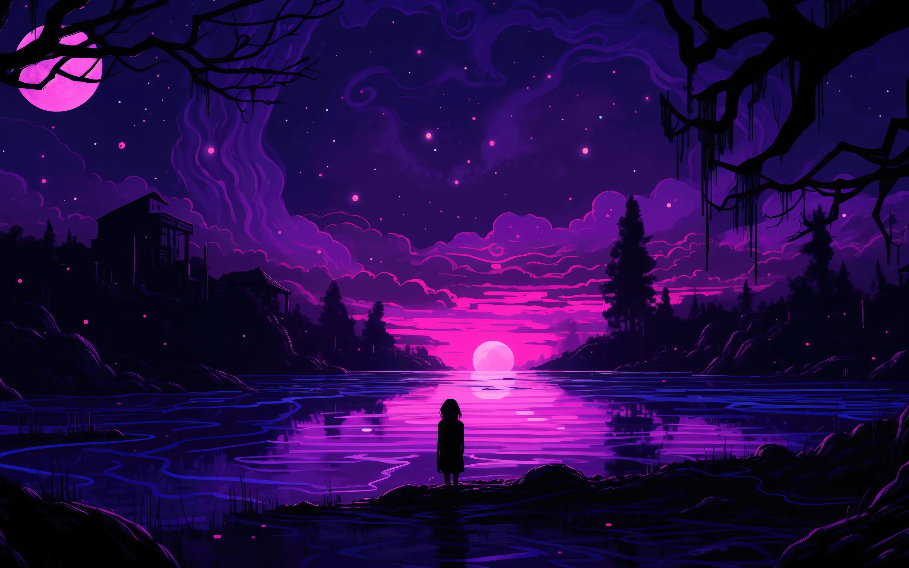 Violet clouds bank over a still lake as a girl watches the pink glow go down, star specks filling the sky's upper half in pixel-art style.