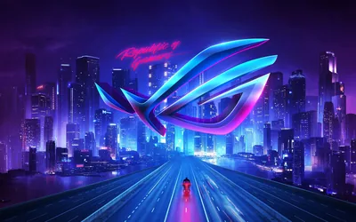 The ASUS ROG eye hovers in pink and blue above a highway running into a violet city, a lone rider heading toward it down the centre lane.