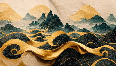 Golden ribbon waves roll beneath teal ink mountains on a canvas-textured cream ground, the linen weave visible enough to read as fabric on large monitors.
