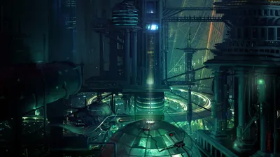Elevated ring roads coil around a reactor tower bathed in green light, pipes and gantries crowding both sides while the core glows at centre.