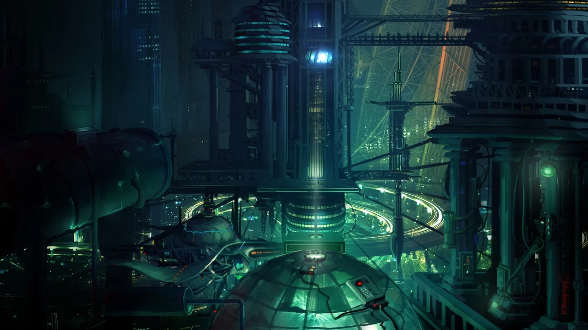 Elevated ring roads coil around a reactor tower bathed in green light, pipes and gantries crowding both sides while the core glows at centre.