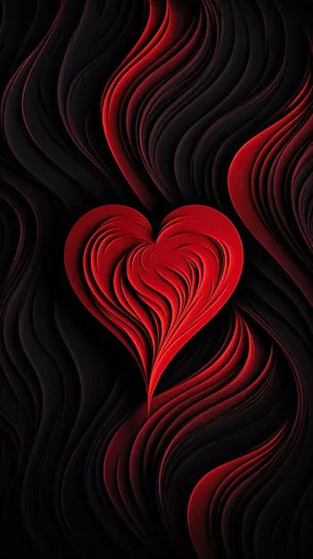 Carved paper waves in alternating red and black flow around a layered heart at centre, every ridge catching a thin edge of light.