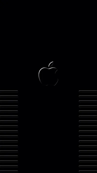 A glossy dark Apple logo sits high in the frame with two blocks of thin horizontal lines running below it, everything else flat black.
