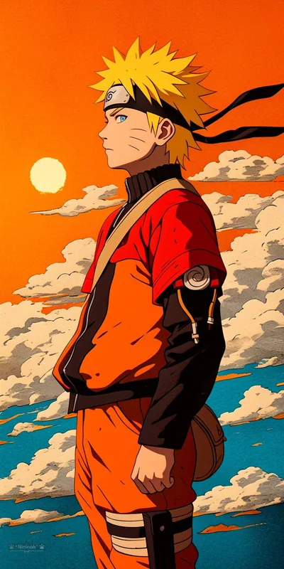 Naruto stands in profile before a setting sun and woodblock-style clouds, his orange jacket matching the sky in a flat vintage poster palette.