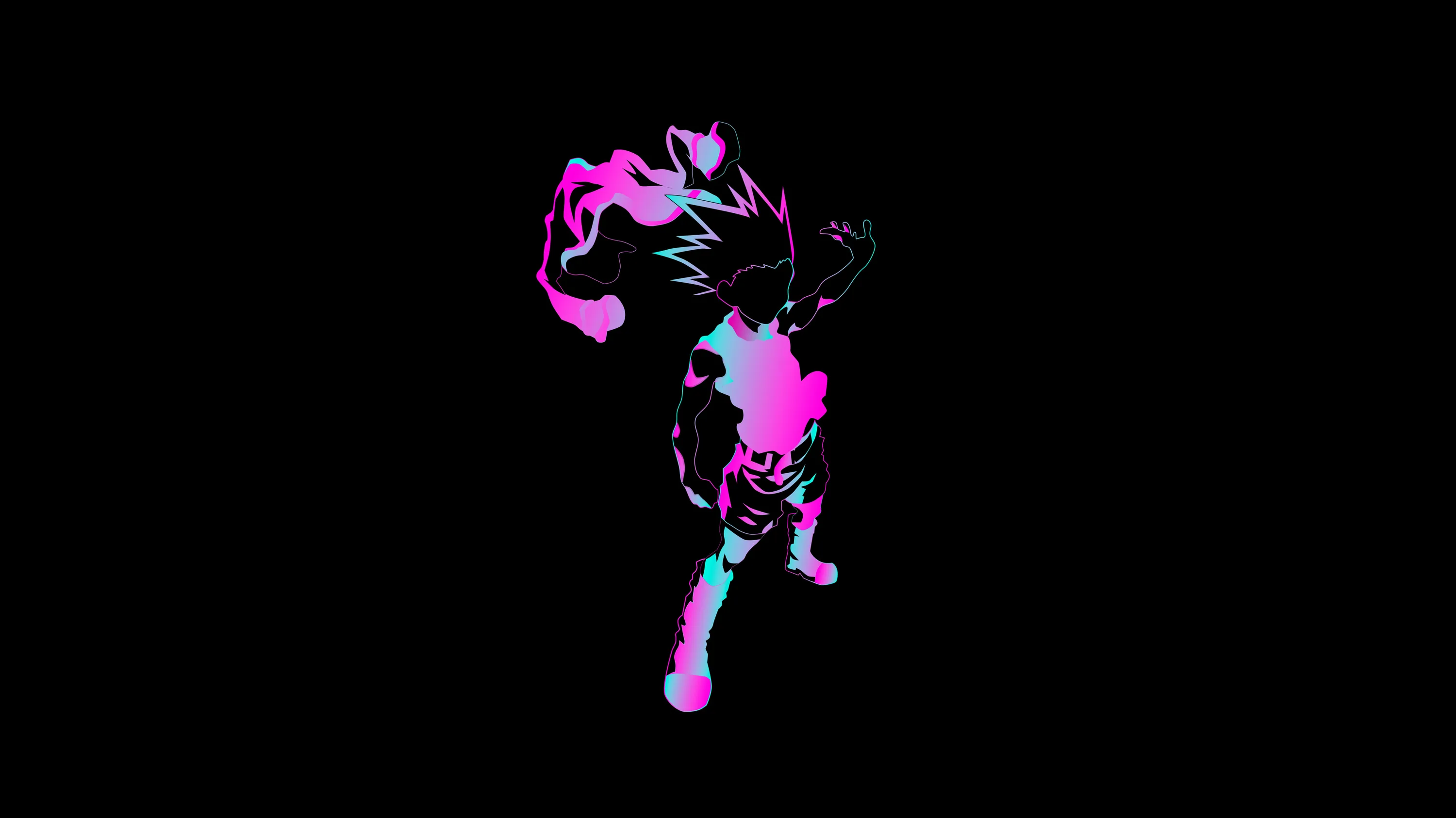 A small running silhouette rendered entirely in magenta and turquoise glow, floating in the middle of an otherwise empty black frame.