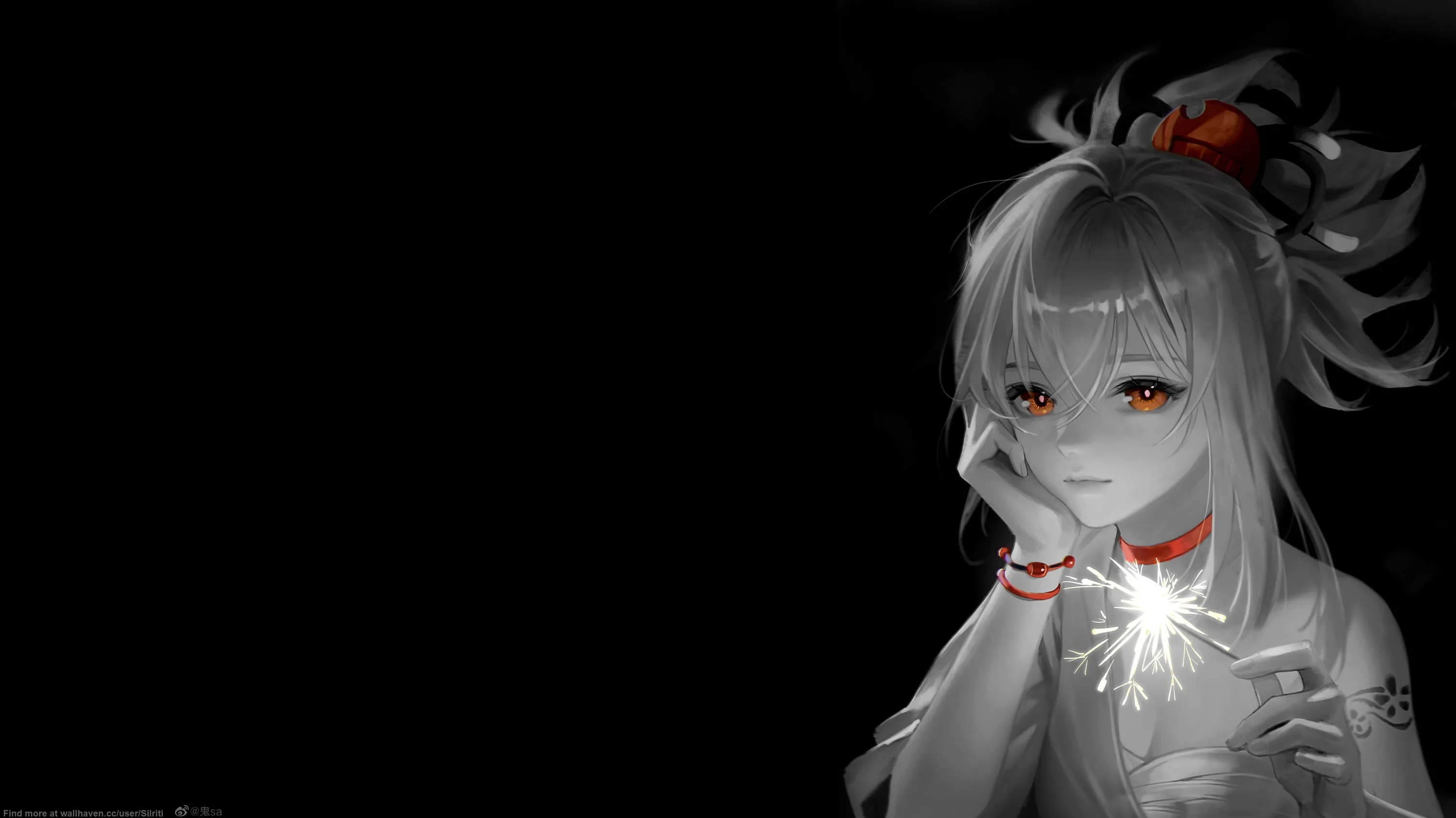 A pale-haired anime character cups a small burst of light, red eyes and hair ribbon the only colour on the black field.