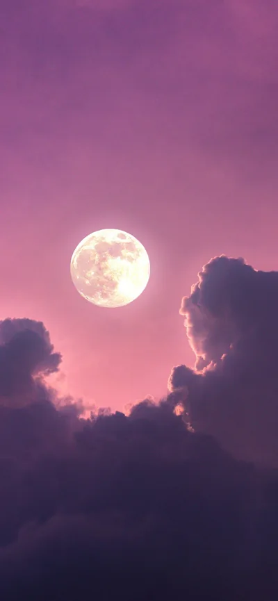 A white full moon glows in the upper left of a lavender-pink sky, plum-coloured clouds massing along the right and bottom.